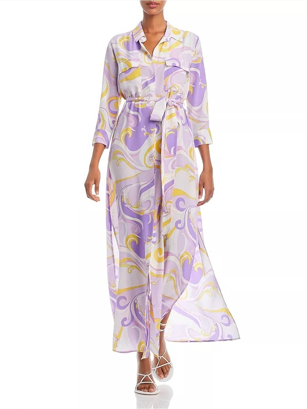 NWT L'AGENCE Cameron Silk Maxi Shirt Dress Medium Purple Yellow Swirl Print $725